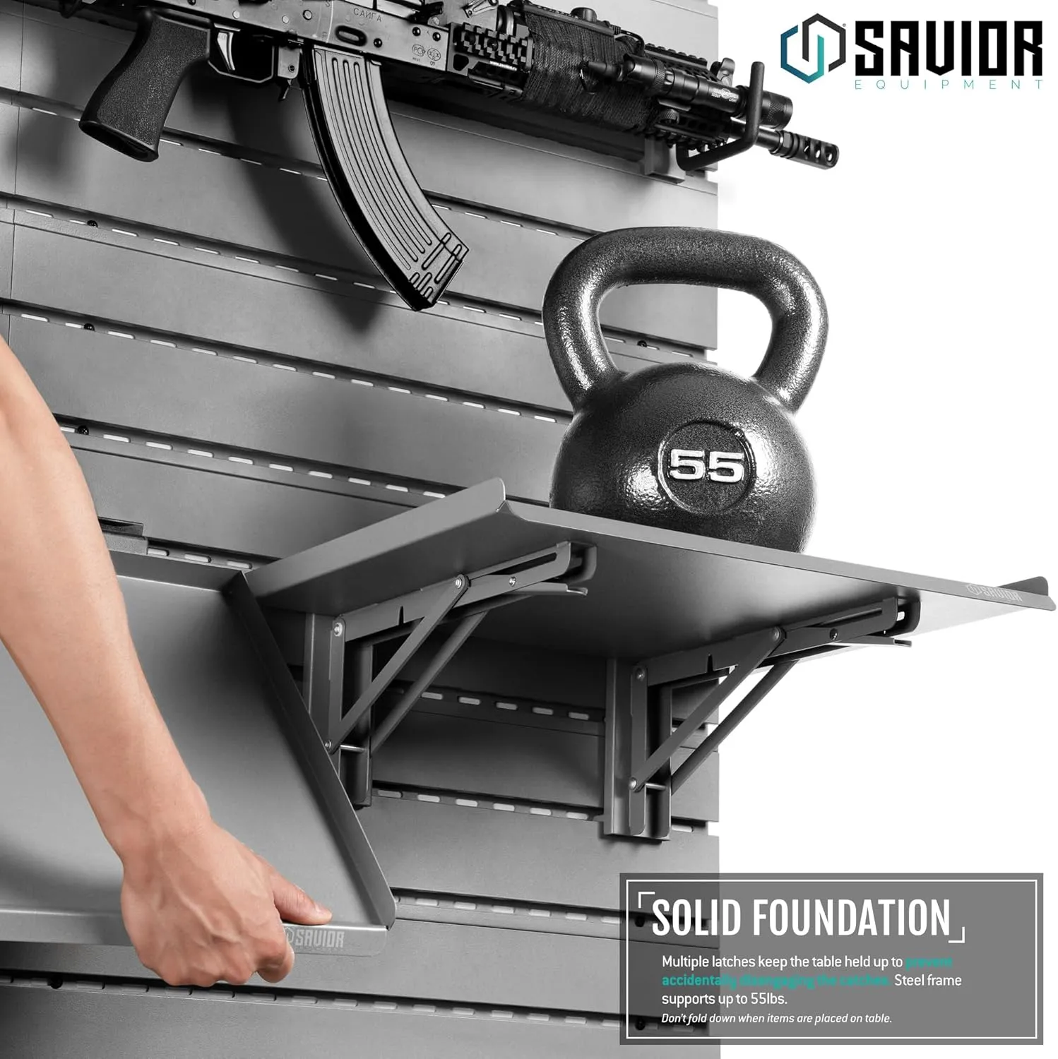 Savior Equipment Wall Rack System Heavy-Duty Steel Folding Table Workbench Shelf Collapsible Wall Mount Hanger, Modular Firearms Gun Wall Gear Accessories Organizer