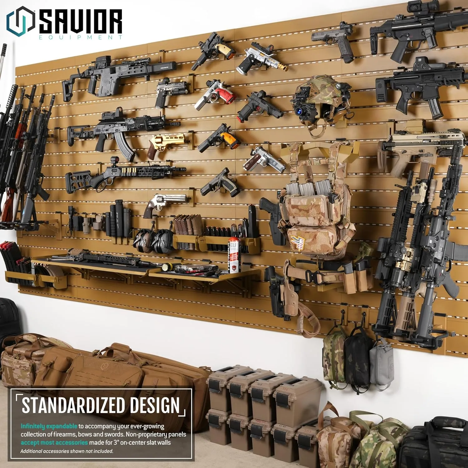 Savior Equipment Wall Rack System Heavy-Duty Steel Folding Table Workbench Shelf Collapsible Wall Mount Hanger, Modular Firearms Gun Wall Gear Accessories Organizer