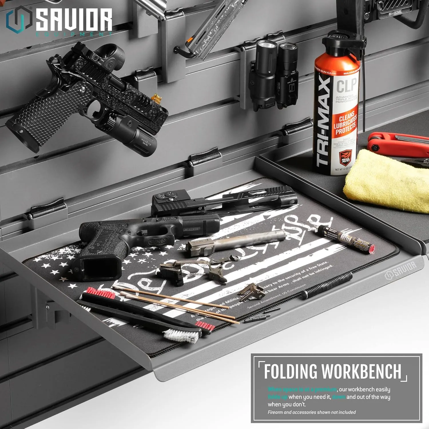 Savior Equipment Wall Rack System Heavy-Duty Steel Folding Table Workbench Shelf Collapsible Wall Mount Hanger, Modular Firearms Gun Wall Gear Accessories Organizer
