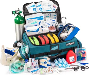 Scherber Fully Stocked First Responder Ultimate Professional EMT/EMS Trauma Kit | HSA/FSA Approved | w/10  Compartments, Zippered Pockets, Dividers, Oxygen Access & 260  First Aid Supplies (Blue)