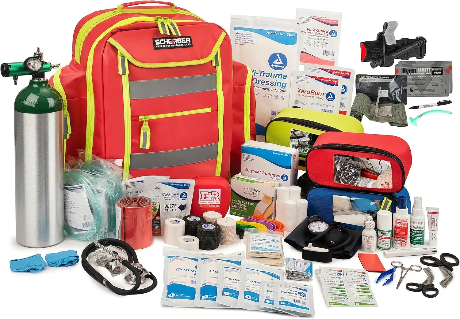 Scherber Fully-Stocked Premium First Responder Backpack | EMT/EMS Medic Trauma, Bleeding & Oxygen Medical Kit | CAT Tourniquet, QuikClot 4x4, HyFin Chest Seal & 250  First Aid Supplies - Red
