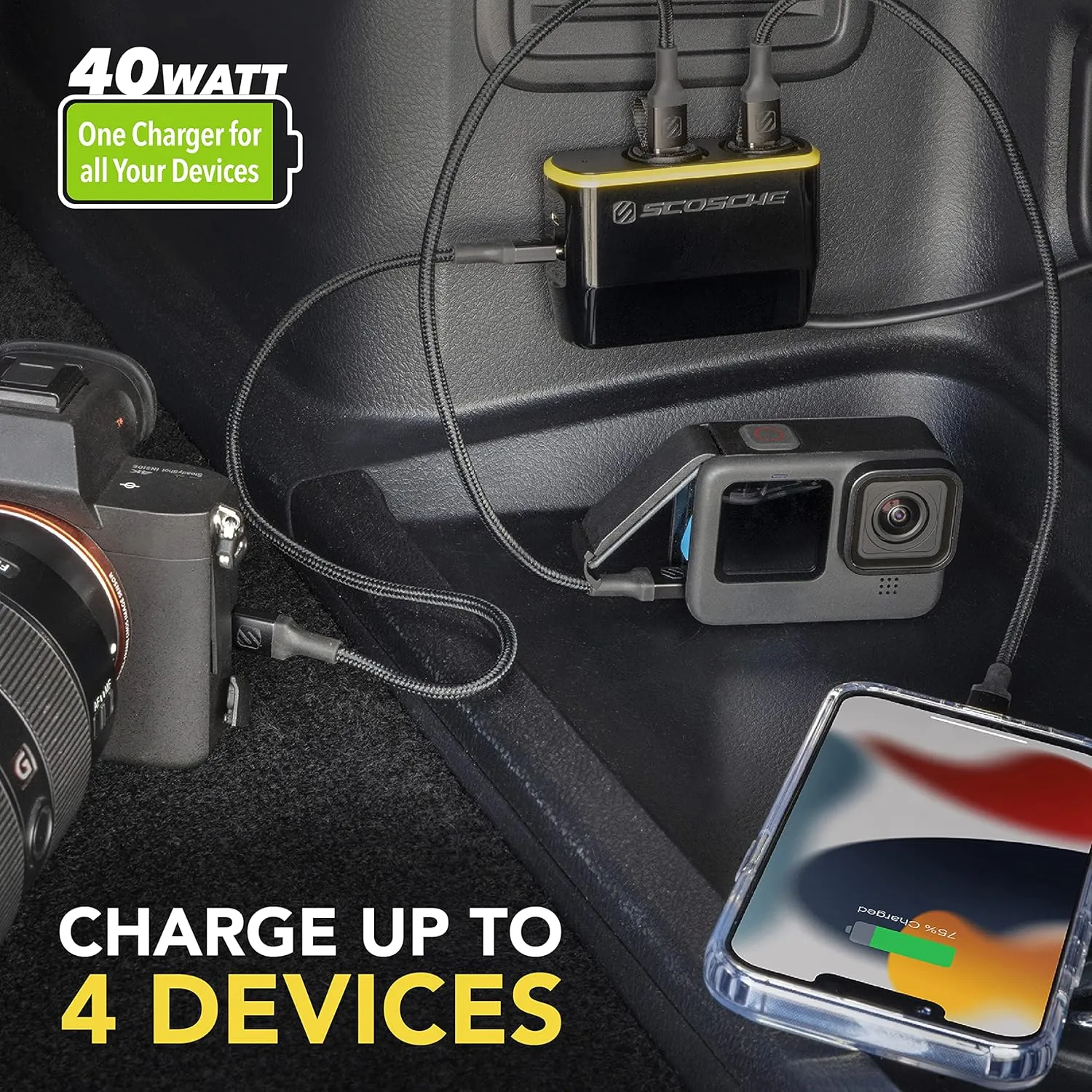 Scosche DCLSPD402SW DoubleUp Dual 12V Adapter with Dual 20W USB-C Power Delivery Charger, Add Power Ports and Double Cigarette Lighter Ports, Fast Charging