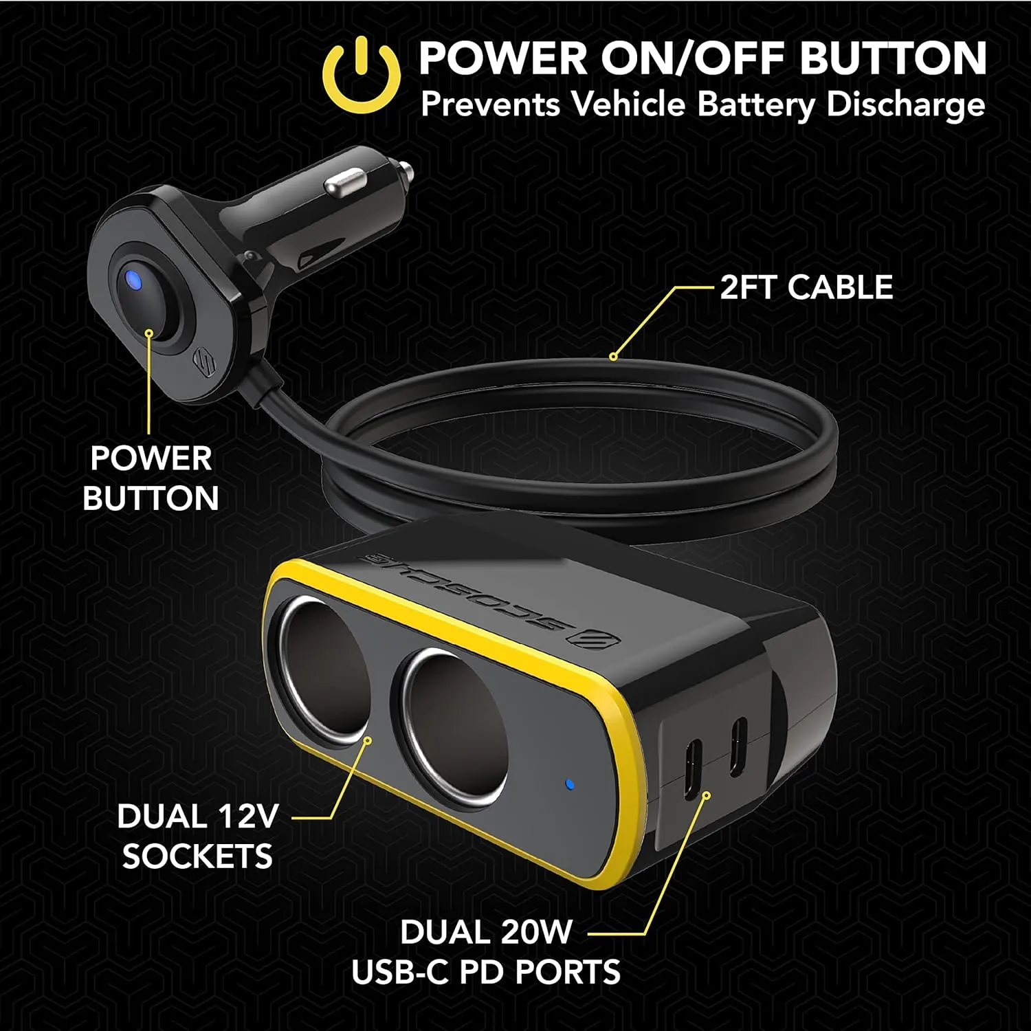 Scosche DCLSPD402SW DoubleUp Dual 12V Adapter with Dual 20W USB-C Power Delivery Charger, Add Power Ports and Double Cigarette Lighter Ports, Fast Charging
