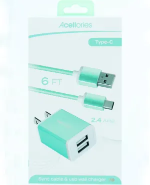 Seafoam Green Type-C Sync Cord & Dual-Port USB Wall Charger for Electronics