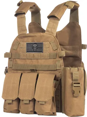 “Sentry 2.0” Tactical PALS Molle Airsoft Paintball Vest with Side Cummerbund, Mil Spec 1000D Modular w/Triple Mag Pouch, IFAK (Coyote Brown)