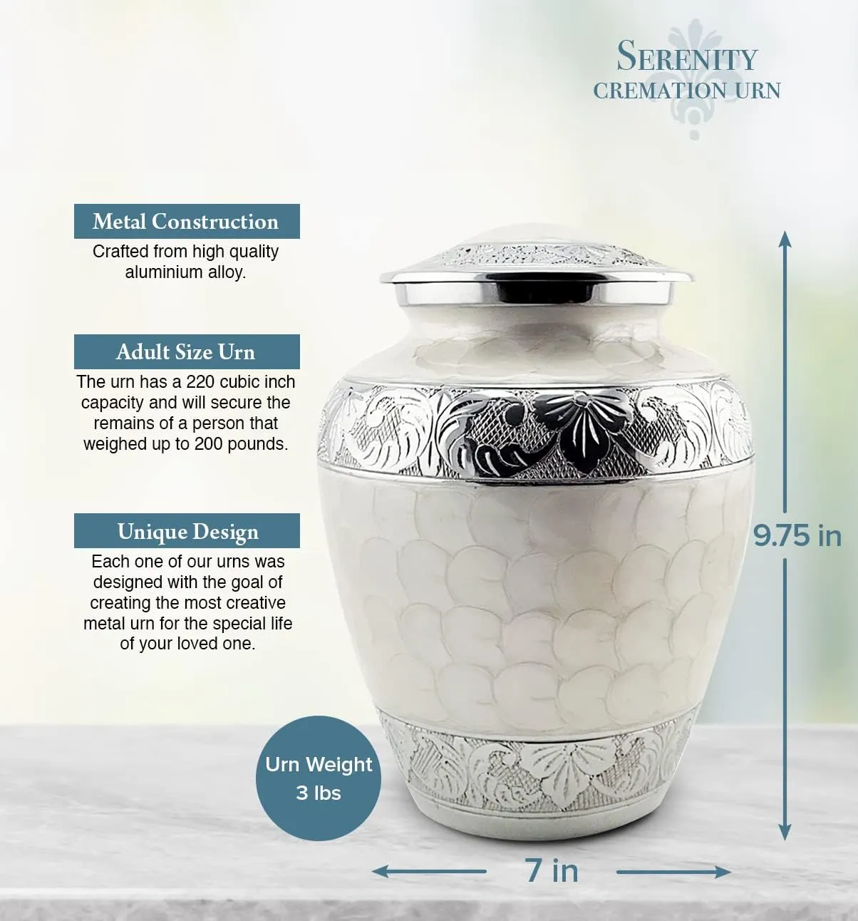 Serenity Memorial Urn - White Human Ashes Urn - 200LB Capacity with Bag