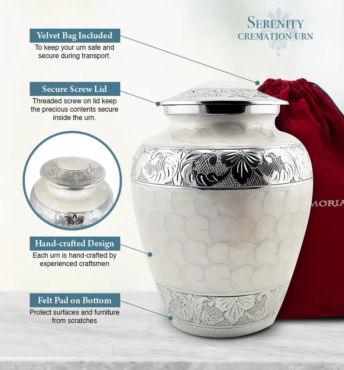 Serenity Memorial Urn - White Human Ashes Urn - 200LB Capacity with Bag
