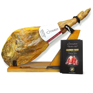 Serrano Ham Duroc Bone in from Spain 14.7-17 lb   Ham Stand   Knife & Spanish Iberico Ham Sliced (4oz) - Cured Spanish Jamon with NO Nitrates or Nitrites All Natural - GMO & Gluten Free
