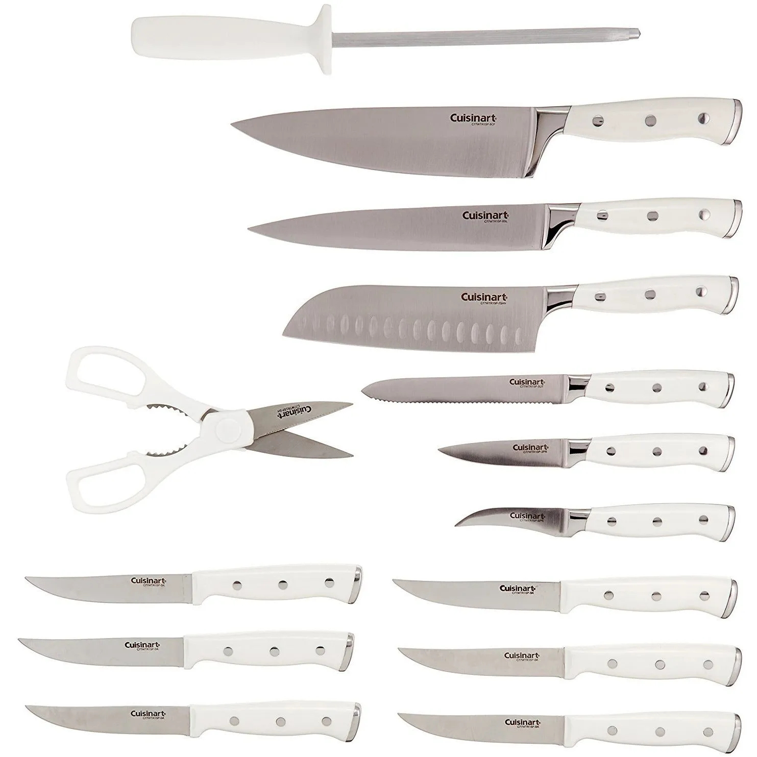 SET DE 15 CUCHILLOS CON MANGO BLANCO Y BASE DE MADERA