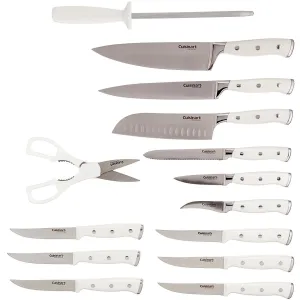 SET DE 15 CUCHILLOS CON MANGO BLANCO Y BASE DE MADERA