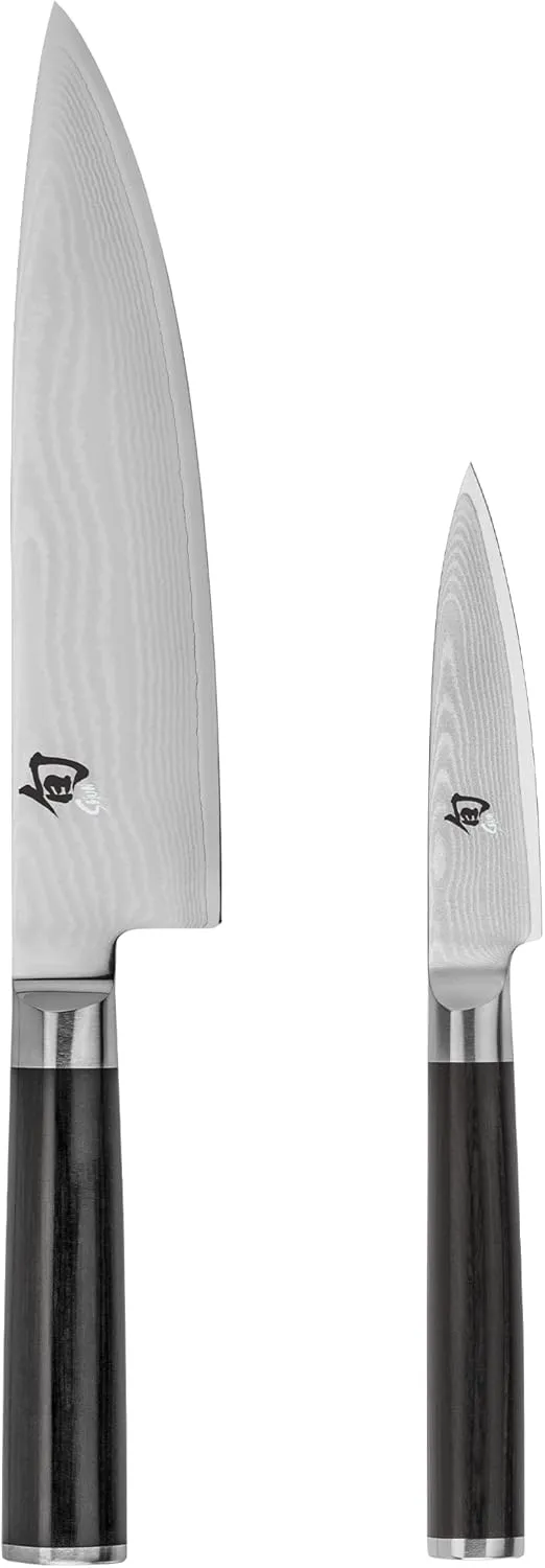 Shun Classic 2 Piece Starter Set, Includes 8" Chef and 3.5” Paring Knives, Handcrafted Japanese Knife Set, VG-MAX Core with Damascus Stainless Steel Cladding, Pakkawood Handle