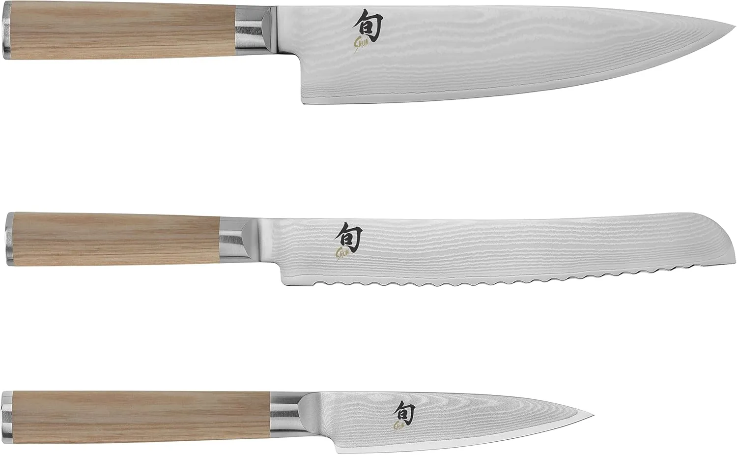 Shun Classic Damascus Blonde 3-Piece Knife Set, Includes Chef’s Knife 8-in, Bread Knife 9-in and Paring Knife 3.5-in Set, Made in Seki, Japan