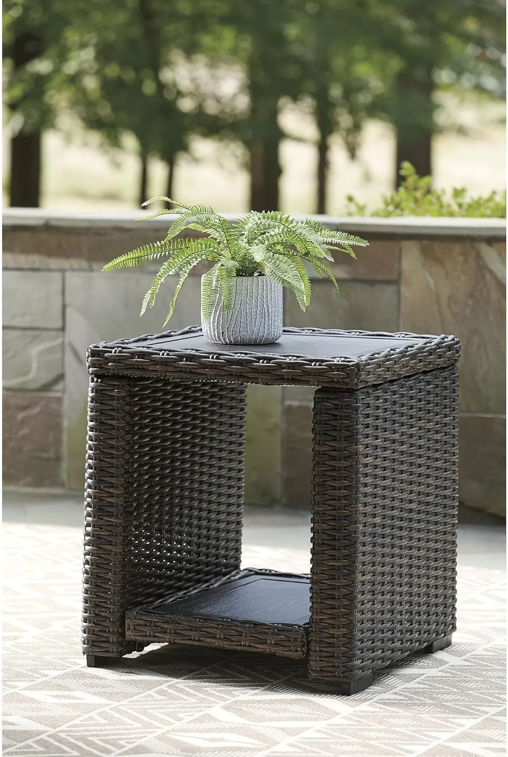 Signature Design by Ashley Grasson Lane Outdoor Rattan Square End Table with Storage, Brown