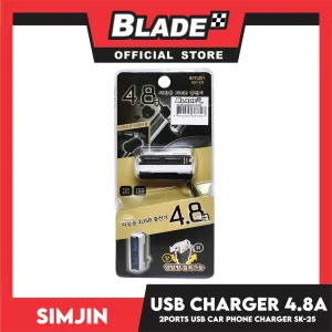 Simjin 2 Port USB Car Charger 4.8A SM-25 (Black) Fast Charging, High Quality Charger For Android And iOS