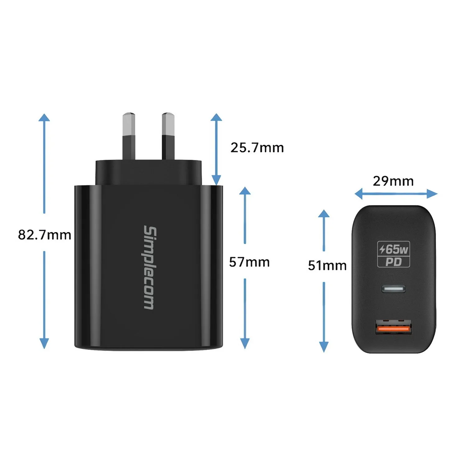 Simplecom CU265 Dual Port PD 65W GaN Fast Wall Charger USB-C   USB-A for Phone Laptop