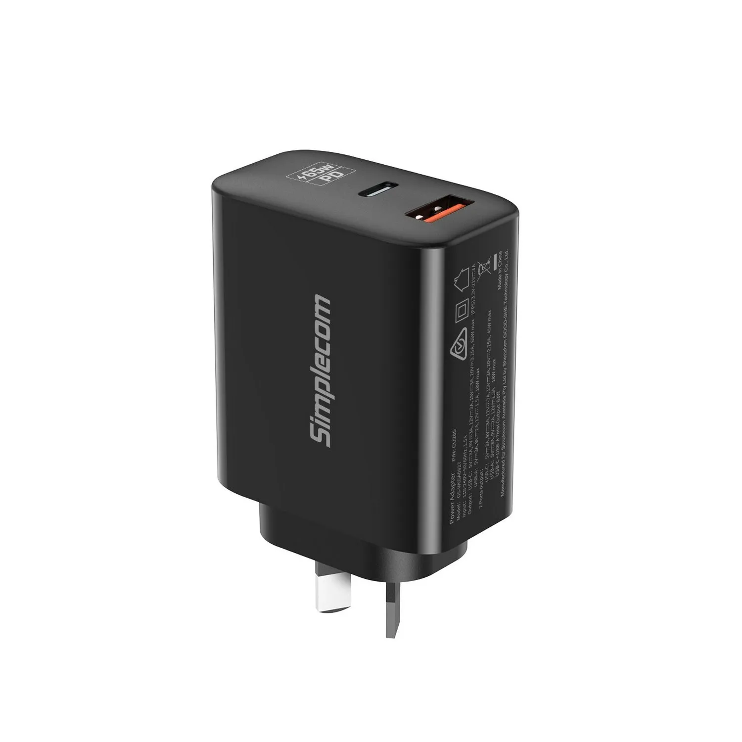Simplecom CU265 Dual Port PD 65W GaN Fast Wall Charger USB-C   USB-A for Phone Laptop