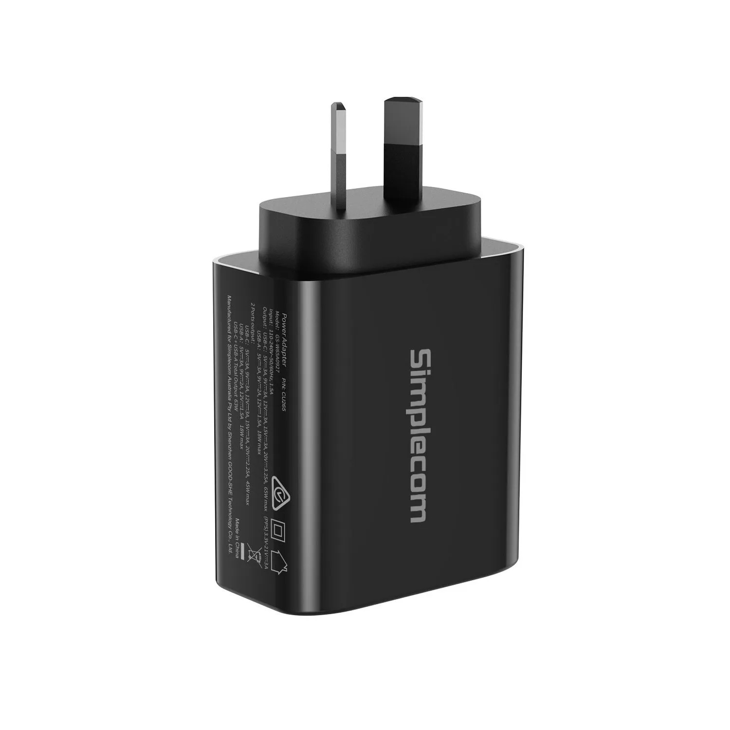 Simplecom CU265 Dual Port PD 65W GaN Fast Wall Charger USB-C   USB-A for Phone Laptop