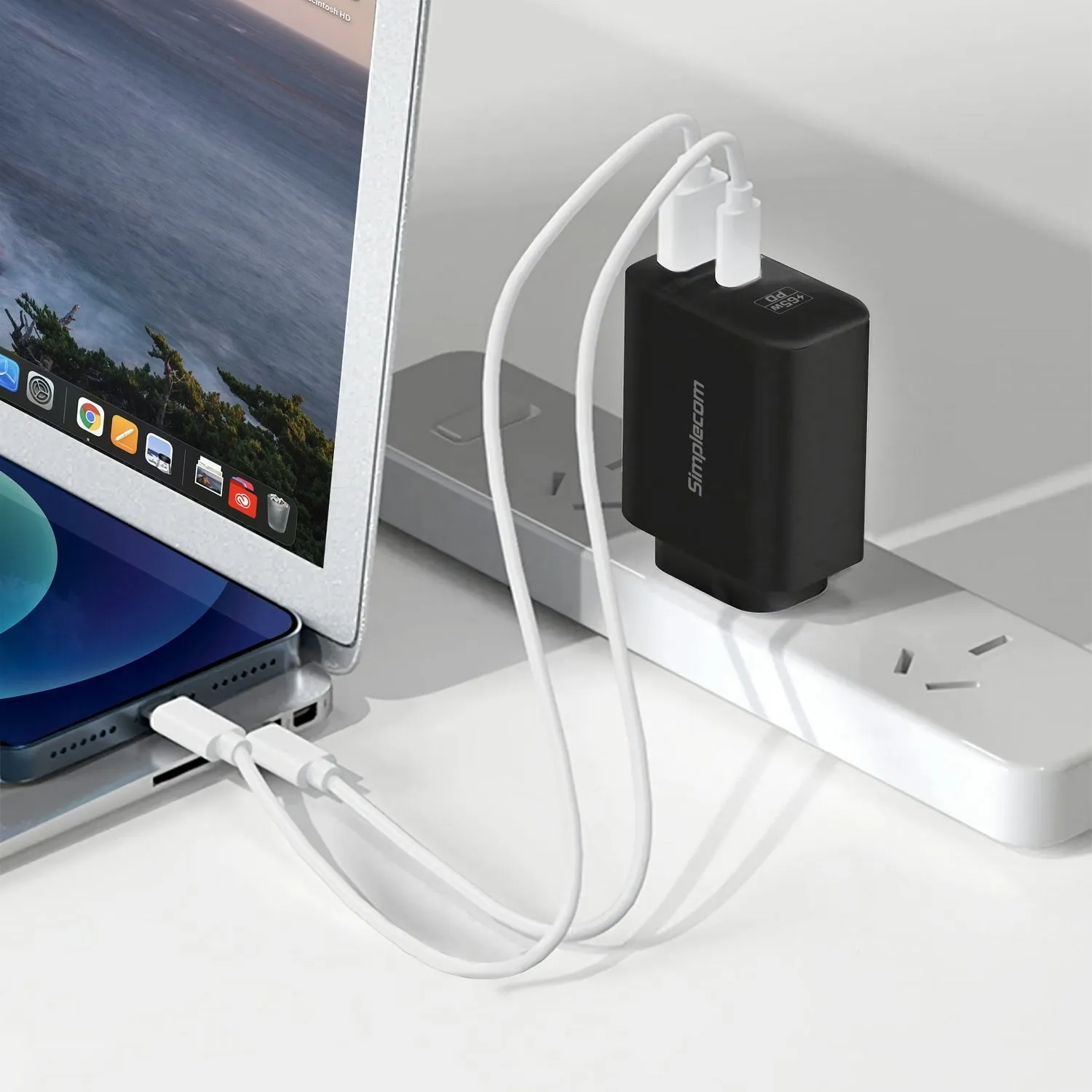 Simplecom CU265 Dual Port PD 65W GaN Fast Wall Charger USB-C   USB-A for Phone Laptop