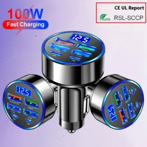Six-in-One Ultra-Fast Car Charger - 27W Multi-Port Digital Display | USB & PD Ports for Cars, Trucks & Buses