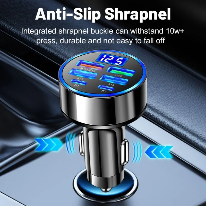 Six-in-One Ultra-Fast Car Charger - 27W Multi-Port Digital Display | USB & PD Ports for Cars, Trucks & Buses