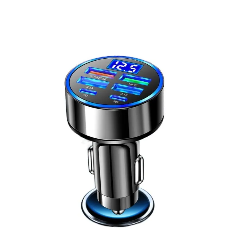 Six-in-One Ultra-Fast Car Charger - 27W Multi-Port Digital Display | USB & PD Ports for Cars, Trucks & Buses