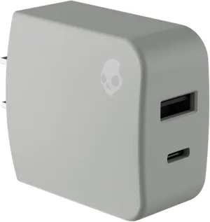 Skullcandy Fix Rapid 2 Dual Port Wall Charger, 20W USB C Power Delivery Fast Charging Port and 18W USB A Charging Port - Grey/Blue