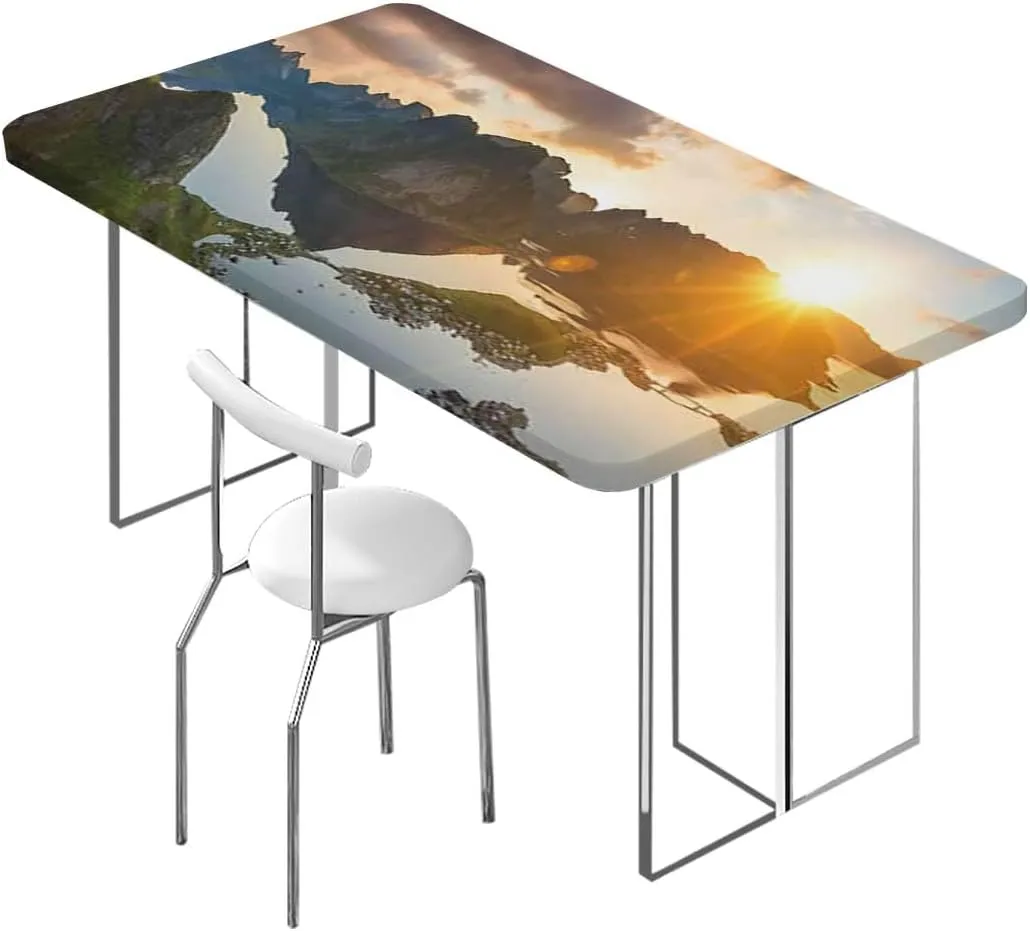 Slate Blue Orange Rectangle Table Cloth Cover, Mountain Range with Creek Art Folding Table Cover Rectangle Polyester ?Tablecloth for Picnic Party Aerial View Fits up 5 Foot Tables
