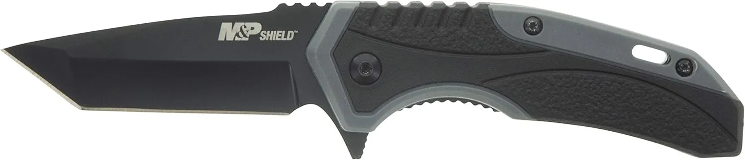 Smith & Wesson M&P Shield 6.8in Stainless Steel Assisted Opening Knife with 2.8in Tanto Blade and Rubberized Handle for Outdoor, Tactical, Survival and EDC