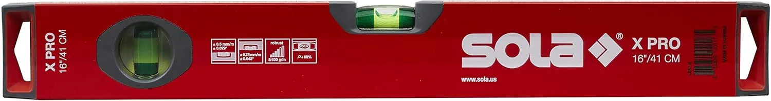SOLA LSX16 X PRO Aluminum Box Profile Spirit Level with 2 60% Magnified Vials, 16-Inch , Red