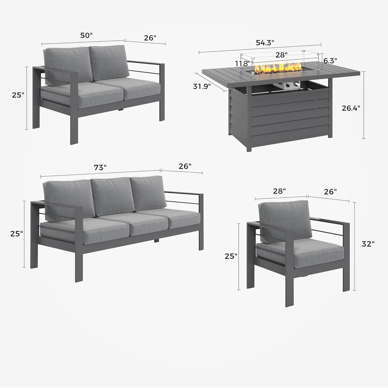 Solaste Aluminum Patio Furniture Set with Fire Pit Table, 7 Seats Metal Outdoor Furniture with Water-Resistant Cushions, Modern Patio Conversation Set for Balcony, Front Porch, and Backyard, Grey