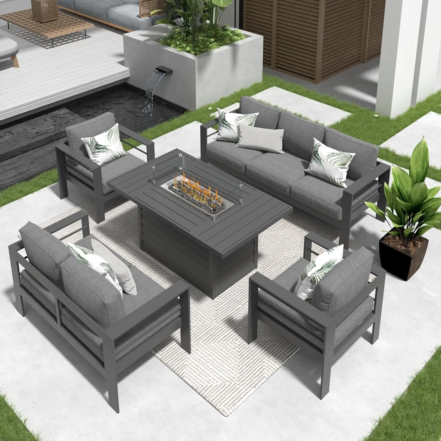 Solaste Aluminum Patio Furniture Set with Fire Pit Table, 7 Seats Metal Outdoor Furniture with Water-Resistant Cushions, Modern Patio Conversation Set for Balcony, Front Porch, and Backyard, Grey