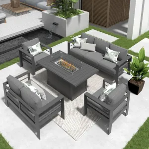 Solaste Aluminum Patio Furniture Set with Fire Pit Table, 7 Seats Metal Outdoor Furniture with Water-Resistant Cushions, Modern Patio Conversation Set for Balcony, Front Porch, and Backyard, Grey