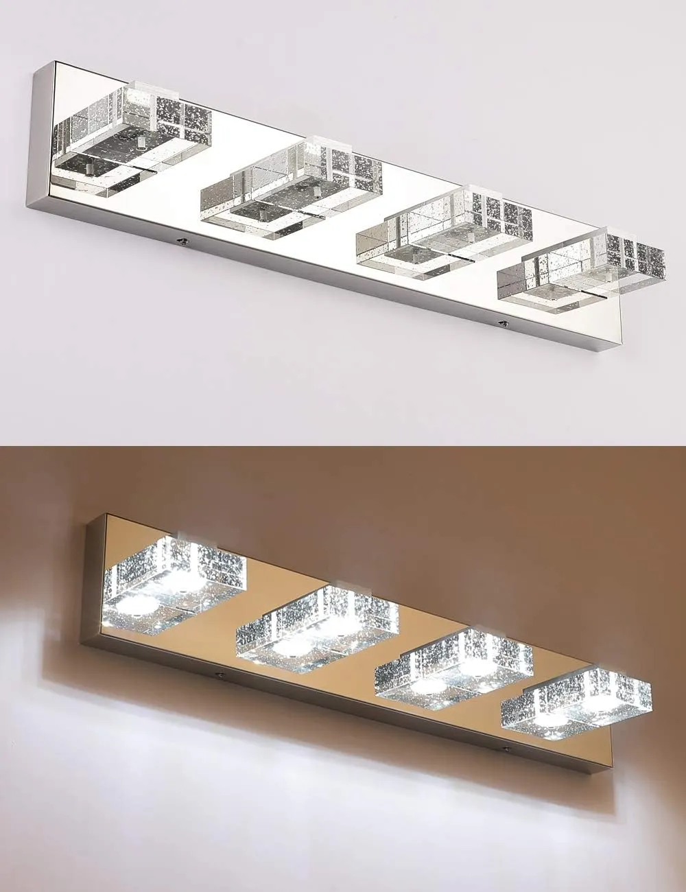 SOLFART LED Bathroom Lighting Fixtures 4 Lights Dimmable Modern Glass Stainless Steel Vanity Wall Light Over Mirror