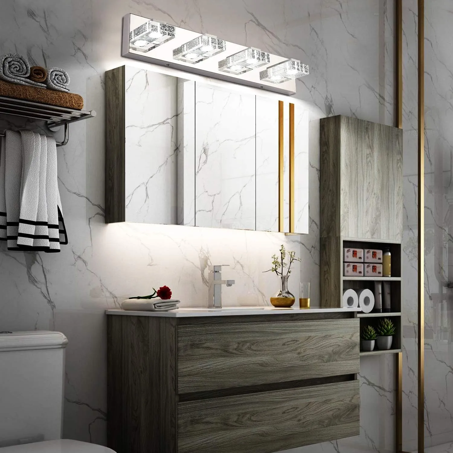 SOLFART LED Bathroom Lighting Fixtures 4 Lights Dimmable Modern Glass Stainless Steel Vanity Wall Light Over Mirror