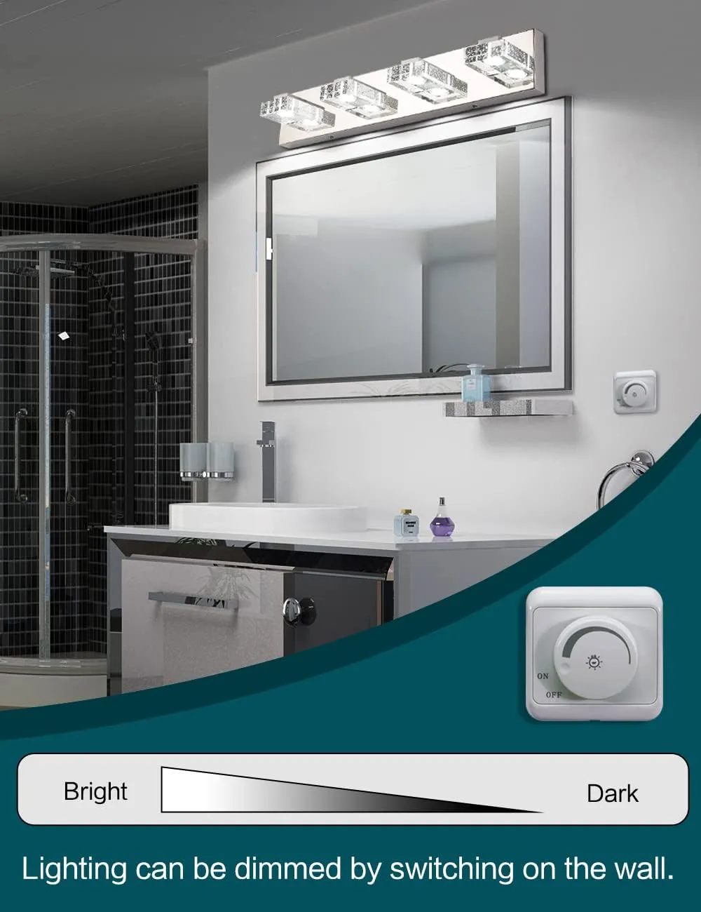 SOLFART LED Bathroom Lighting Fixtures 4 Lights Dimmable Modern Glass Stainless Steel Vanity Wall Light Over Mirror