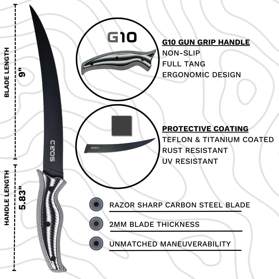 SORD 5-9' Fillet Knife - Fishing & Meat Cutting with Sheath - Razor Sharp Carbon Steel Filet Knife for Cleaning Fish and Skinning - Full Tang G10 Handle | Corrosion Resistant