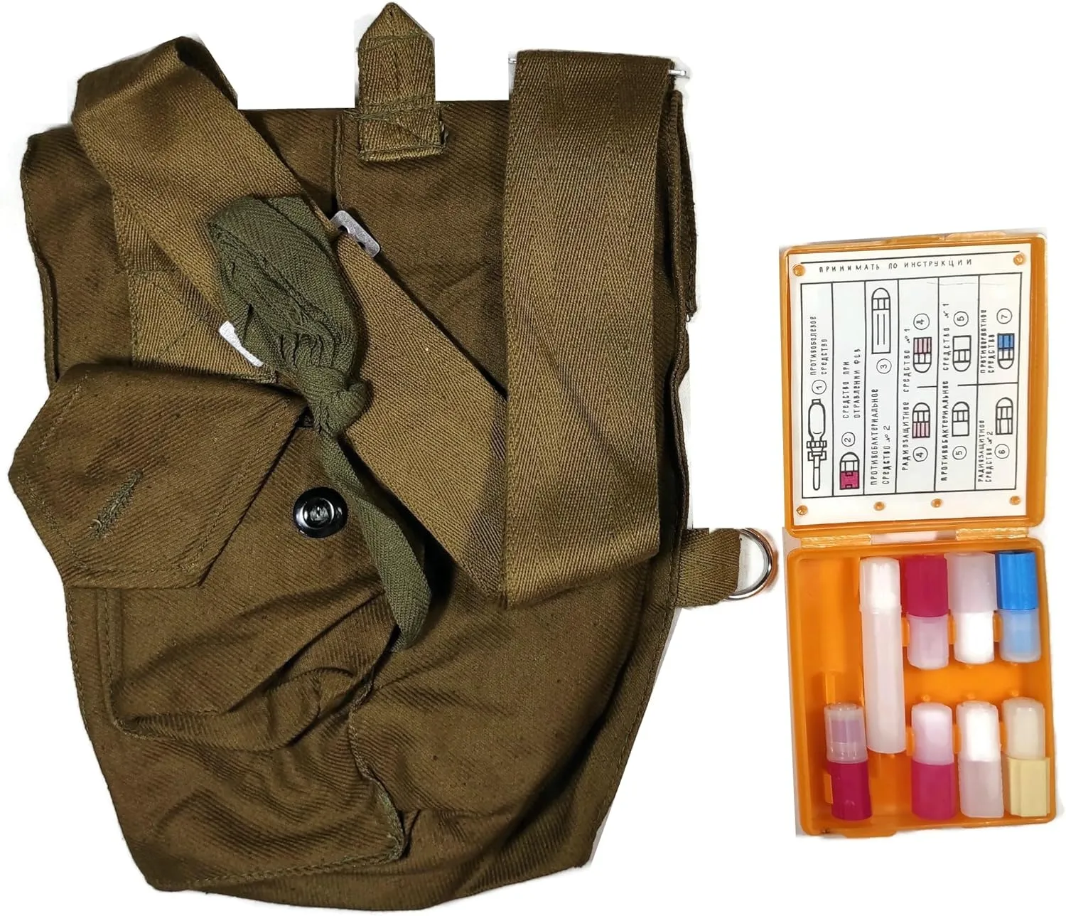 Soviet Civilian Set Russian Canvas Khaki Crossbody Shoulder Bag with USSR AI-2 Individual First Aid Kit Case Orange Cheese Medkit Box for Stalker Cosplay