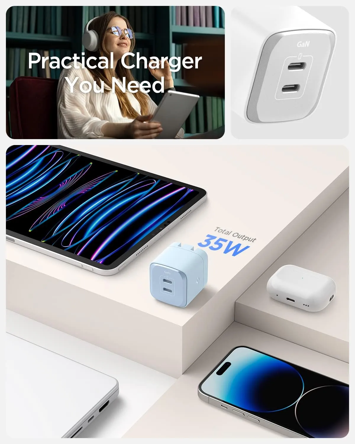 Spigen GaN III 352 35W 2 Ports Compact Foldable Dual USB C Wall Charger PD PPS Fast Charging Block Adapter for iPhone 16 Plus Pro Max 15 14 Mini iPad Air AirPods Galaxy S25 S24 Fold/Flip 6 Pixel 8