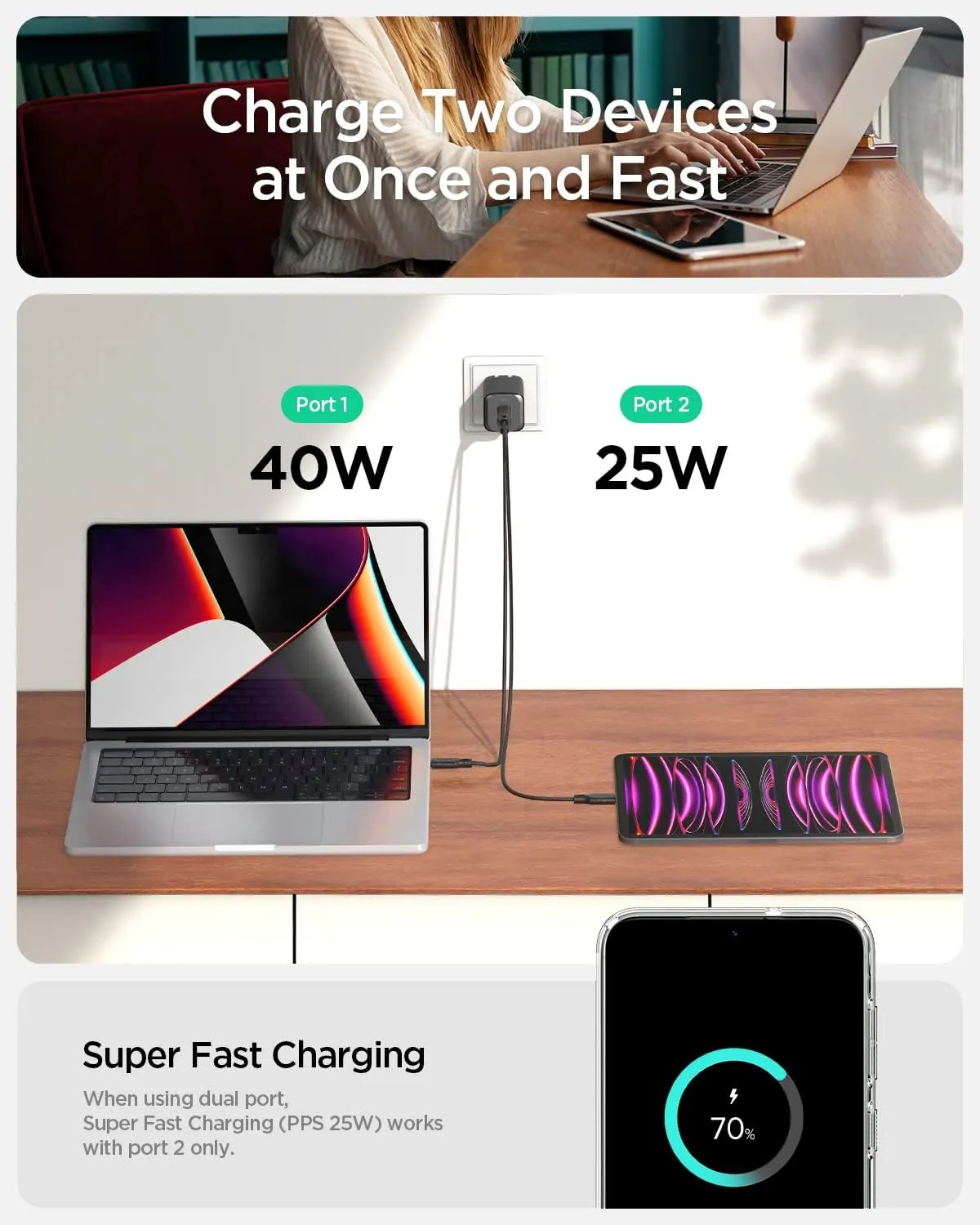 Spigen GaN III 652 65W 2 Ports Compact Foldable Dual USB C Wall Charger PD PPS Fast Charging Block Adapter for iPhone 16 Pro Max 15 14 iPad MacBook Air Samsung Galaxy S25 S24 Ultra Flip Fold 6 9