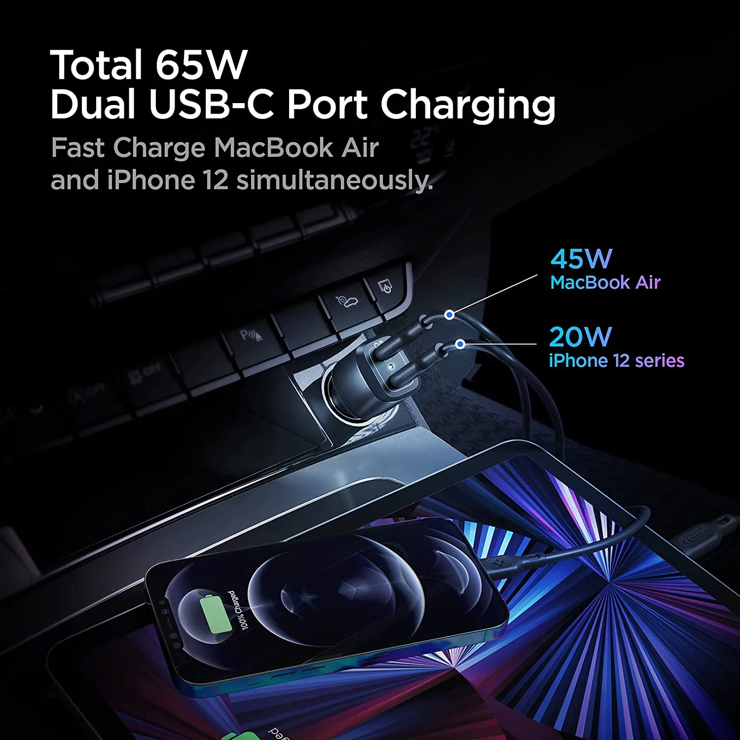 Spigen PowerArc ArcStation PC2000 USB-C [65W] Dual Port Fast Car Charger Adapter