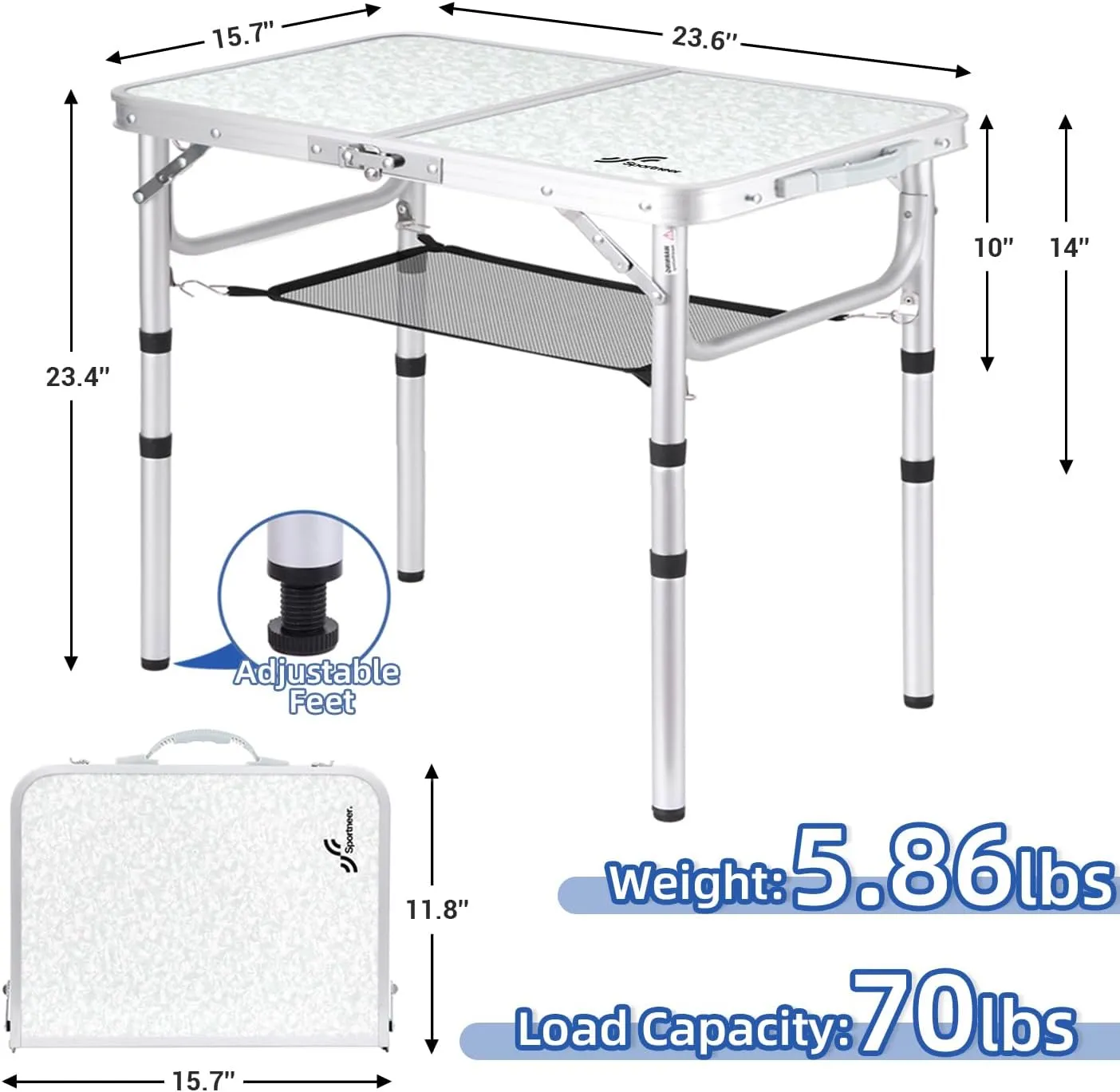 Sportneer Camping Table: Adjustable Height Small Folding Table 23.6" L x 15.7" W 3 Height with Mesh Layer - Compact & Portable Camping Essentials for Outdoor Camp Garden Picnic BBQ Dining Cooking
