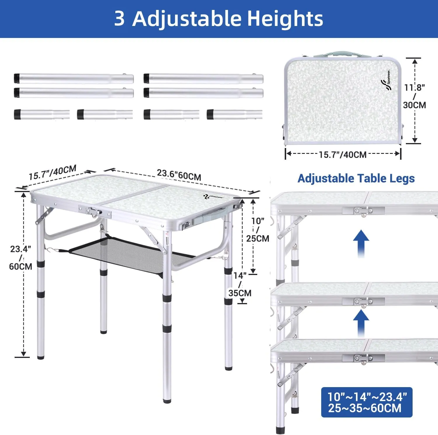 Sportneer Camping Table: Adjustable Height Small Folding Table 23.6" L x 15.7" W 3 Height with Mesh Layer - Compact & Portable Camping Essentials for Outdoor Camp Garden Picnic BBQ Dining Cooking