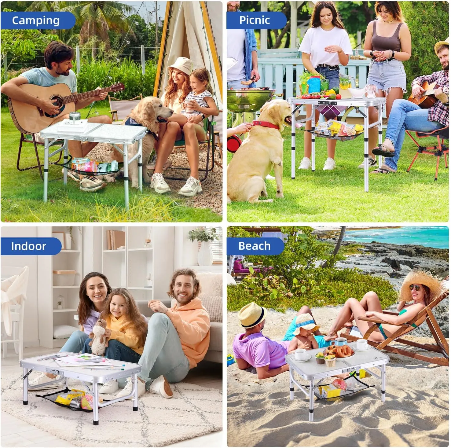 Sportneer Camping Table: Adjustable Height Small Folding Table 23.6" L x 15.7" W 3 Height with Mesh Layer - Compact & Portable Camping Essentials for Outdoor Camp Garden Picnic BBQ Dining Cooking