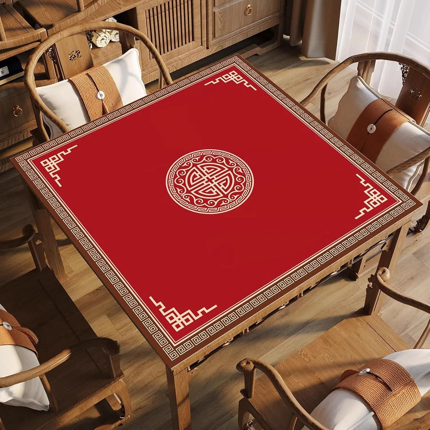 Square Mahjong Table Mat with Travel Bag and 3 Dice, Anti Slip Noise Reduction Table Cover Gaming Mat for Mahjong Poker Paigow Games(Red,31.5x31.5 in)
