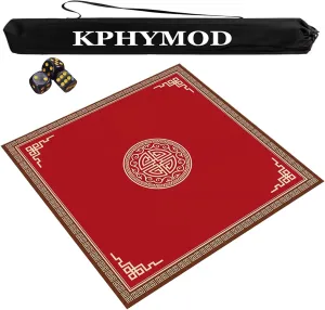 Square Mahjong Table Mat with Travel Bag and 3 Dice, Anti Slip Noise Reduction Table Cover Gaming Mat for Mahjong Poker Paigow Games(Red,31.5x31.5 in)