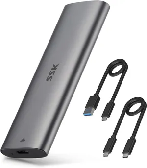 SSK Aluminum M.2 to USB NVMe SATA SSD Enclosure Reader, Tool-Free USB 3.2 Gen 2 10Gbps NVMe PCI-E 6Gbps SATA M-Key / B M Key Solid State Drive External Adapter With UASP Trim, for SSDs 2242 2260 2280