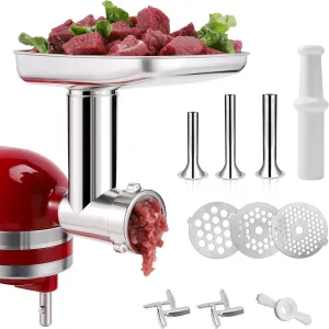 Stainless Steel Food Grinder Attachment for KitchenAid Mixers, Dishwasher Safe, Included 3 Sausage Stuffer Tubes and 1 Metal Knob Screw Accessory