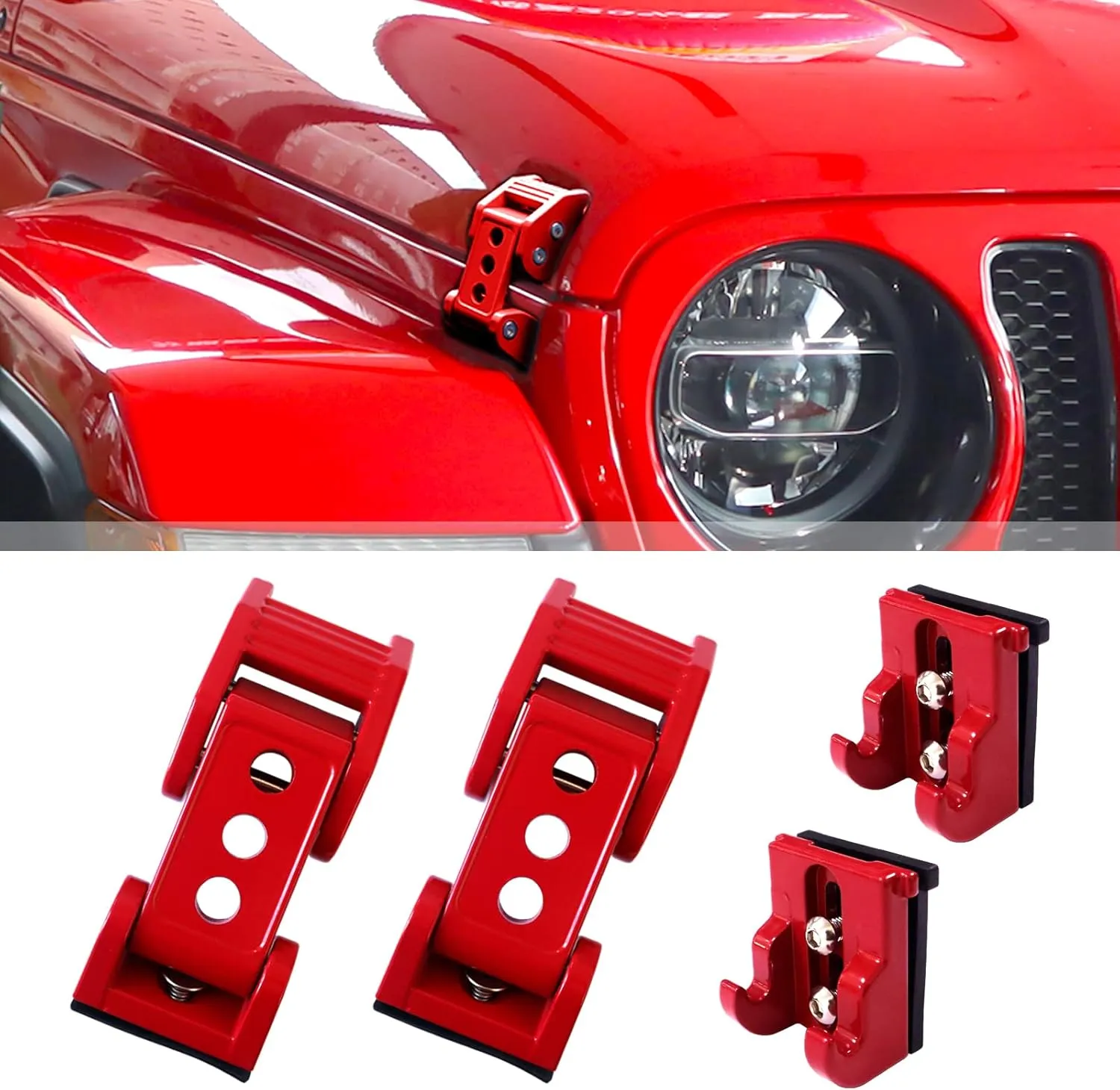 Stainless Steel Latch Hood Capture Kit for 2007-2018 Jeep Wrangler JK JKU and 2018-2022 Jeep Wrangler JLJLU Gladiator 2-Door and 4-Door (red)