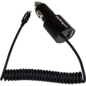 StarTech.com Black Dual Port Car Charger with Lightning Cable and USB 2.0 Port - High Power (21 Watt / 4.2 Amp) - 21 W Output Power - 12 V DC, 24 V DC Input Voltage - 5 V DC Output Voltage - 4.20 A Output Current - USB