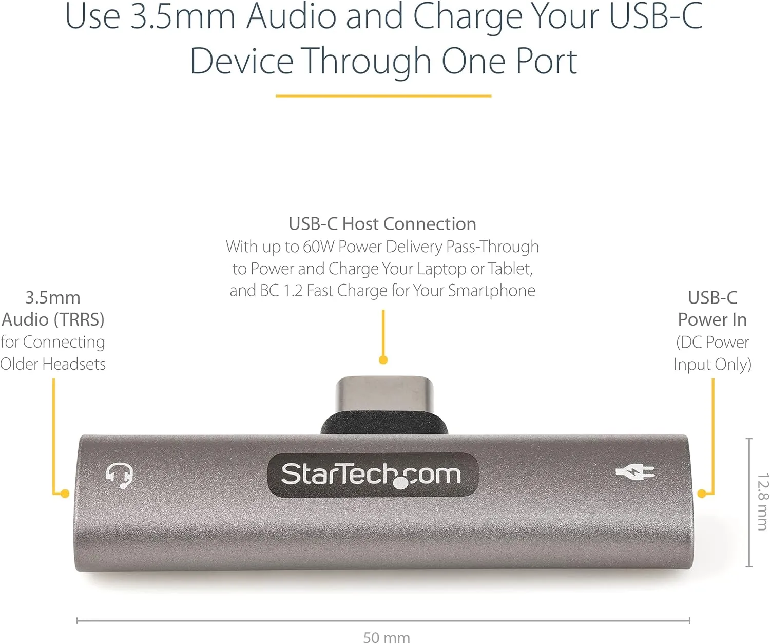 StarTech.com USB C Audio & Charge Adapter - USB-C Audio Adapter w/ 3.5mm TRRS Headphone/Headset Jack and 60W USB Type-C Power Delivery Pass-through Charger - For USB-C Phone/Tablet/Laptop (CDP235APDM)